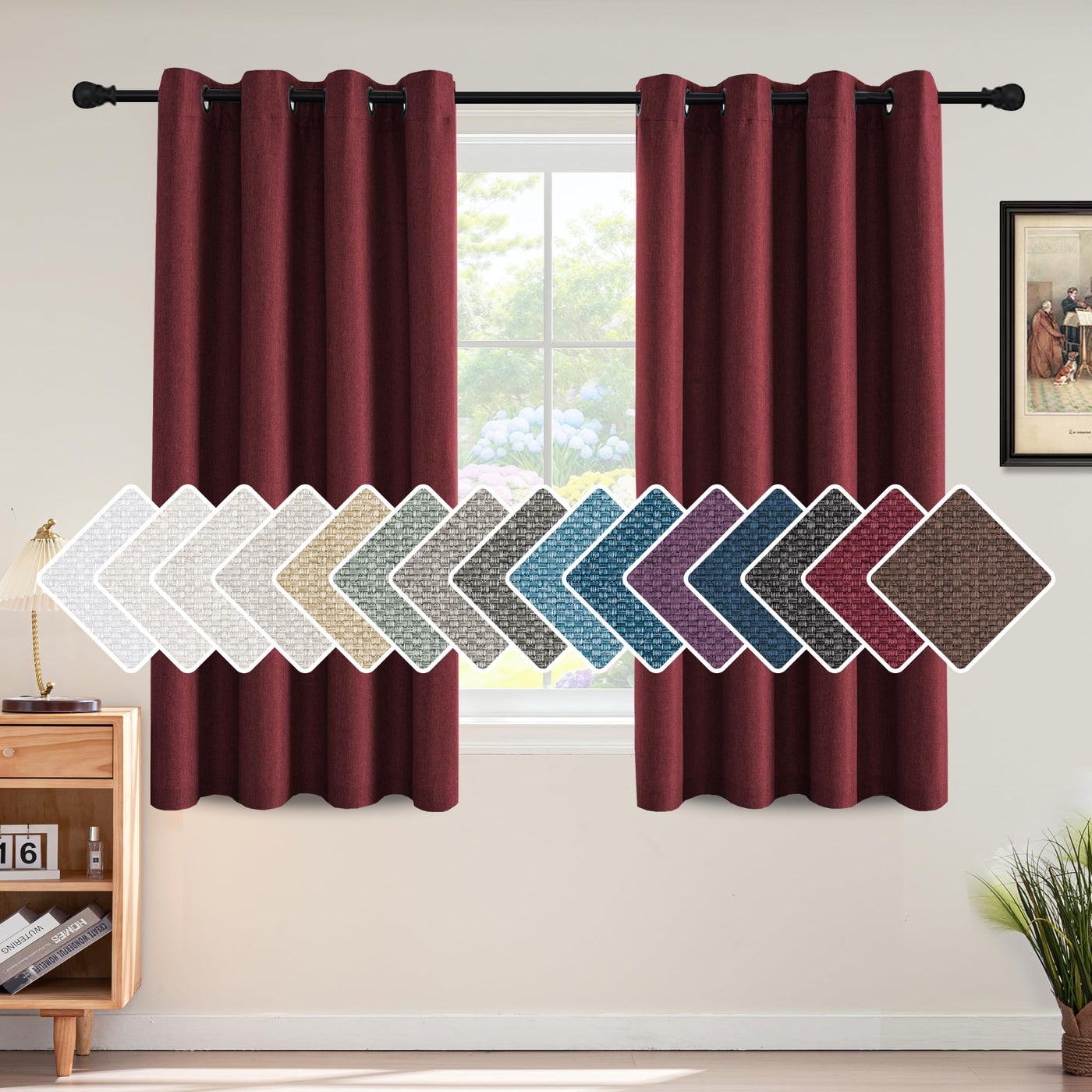 H.VERSAILTEX Linen Blackout Curtain 63 Inches Long for Bedroom/Living Room Thermal Insulated Grommet Linen Curtain Drapes Primitive Textured Burlap Effect Window Drapes 1 Panel - Heather Burgundy
